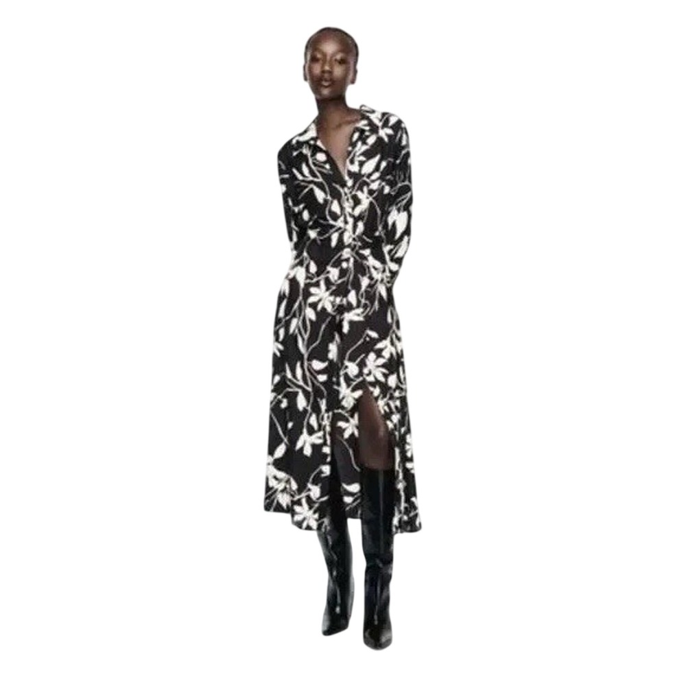 ZARA Floral Midi Derby Dress Womens Satin Floral Belted Black White Small NWT